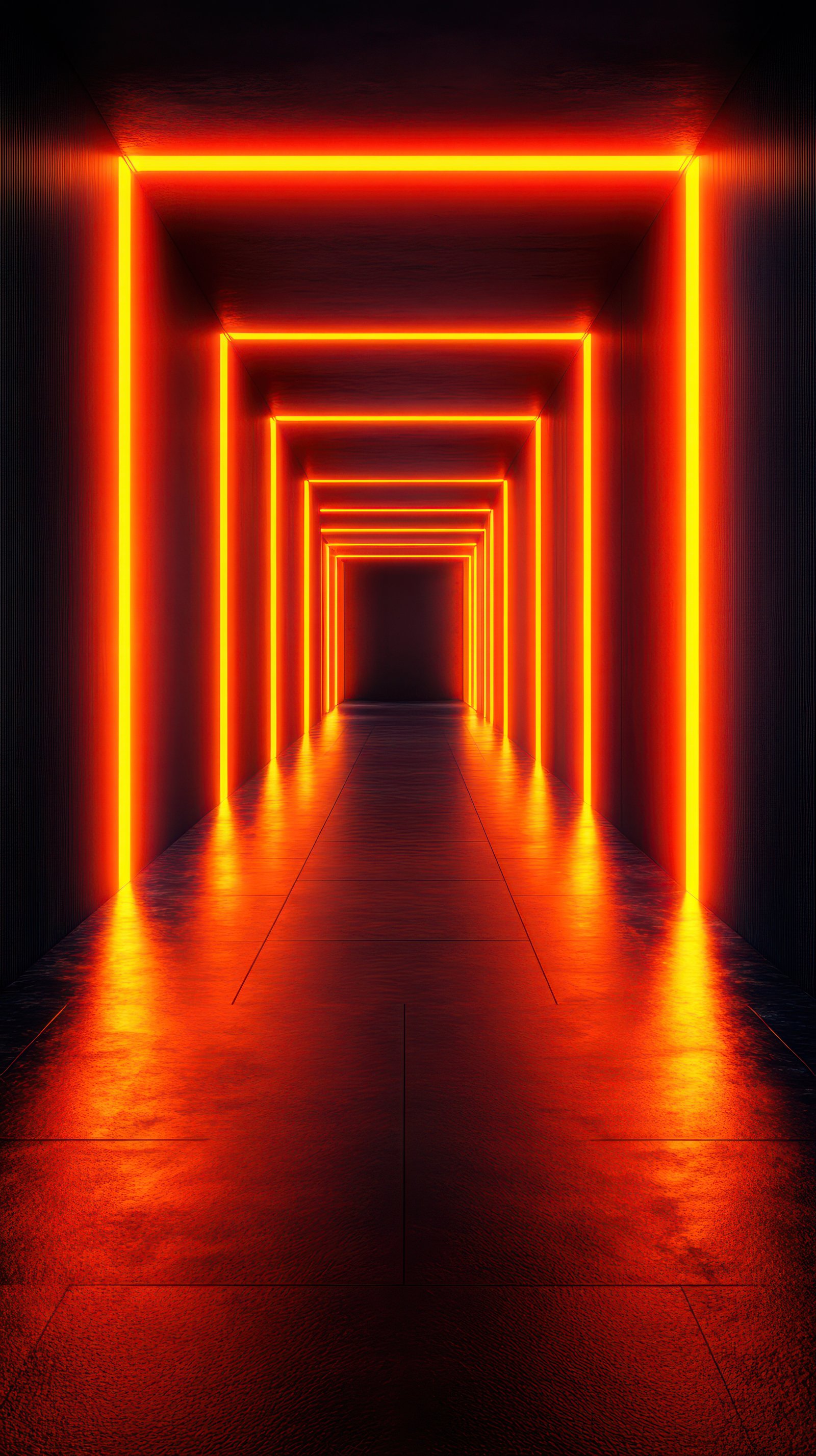 Vibrant neon corridor illuminated with striking orange lights in a dark setting at night